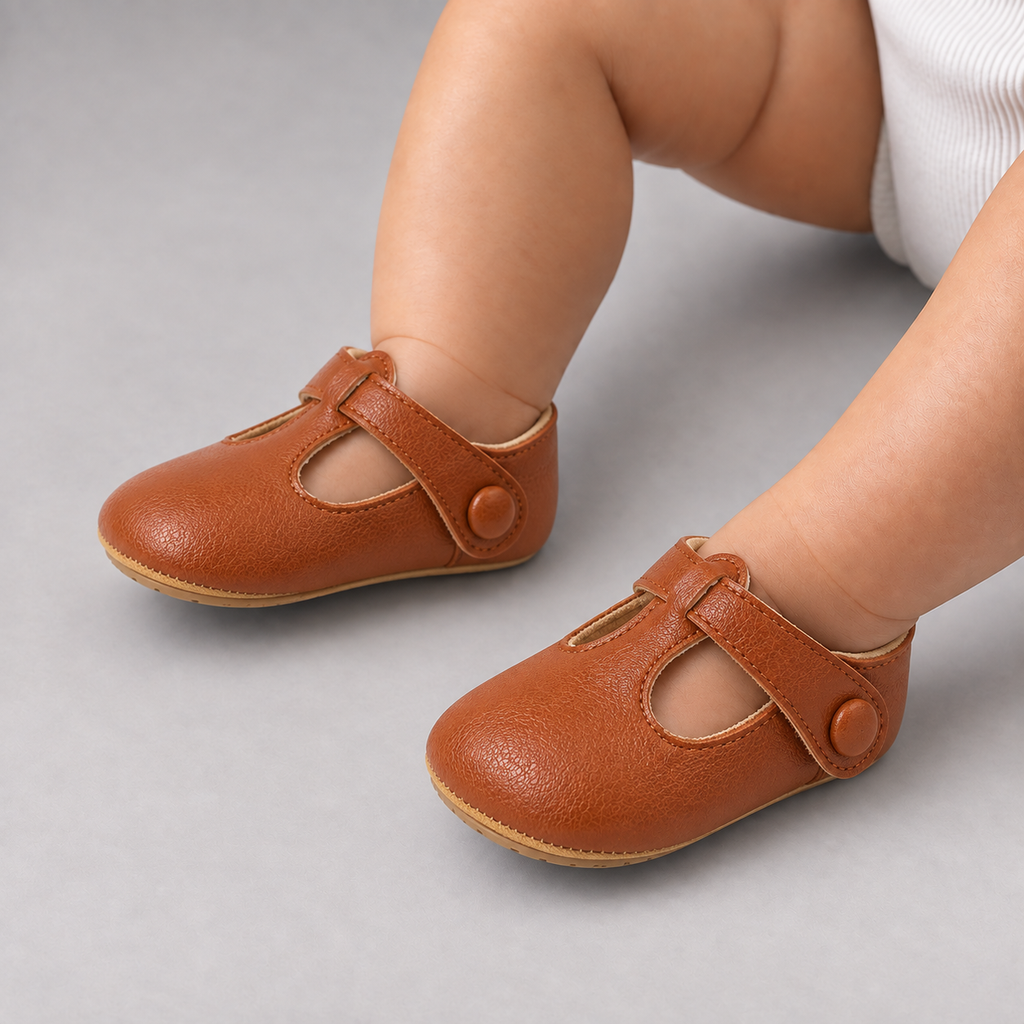 Brown baby bow leather princess ballet flats worn by baby, premium studio lifestyle photo