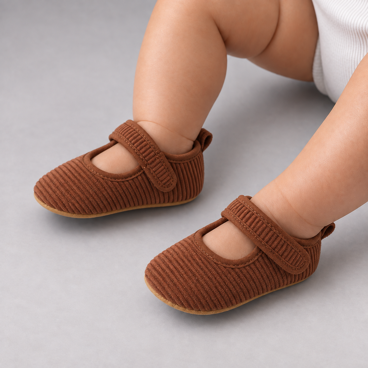 Brown Baby Corduroy Mary Jane Shoes worn by baby - soft velcro infant shoes in studio photo