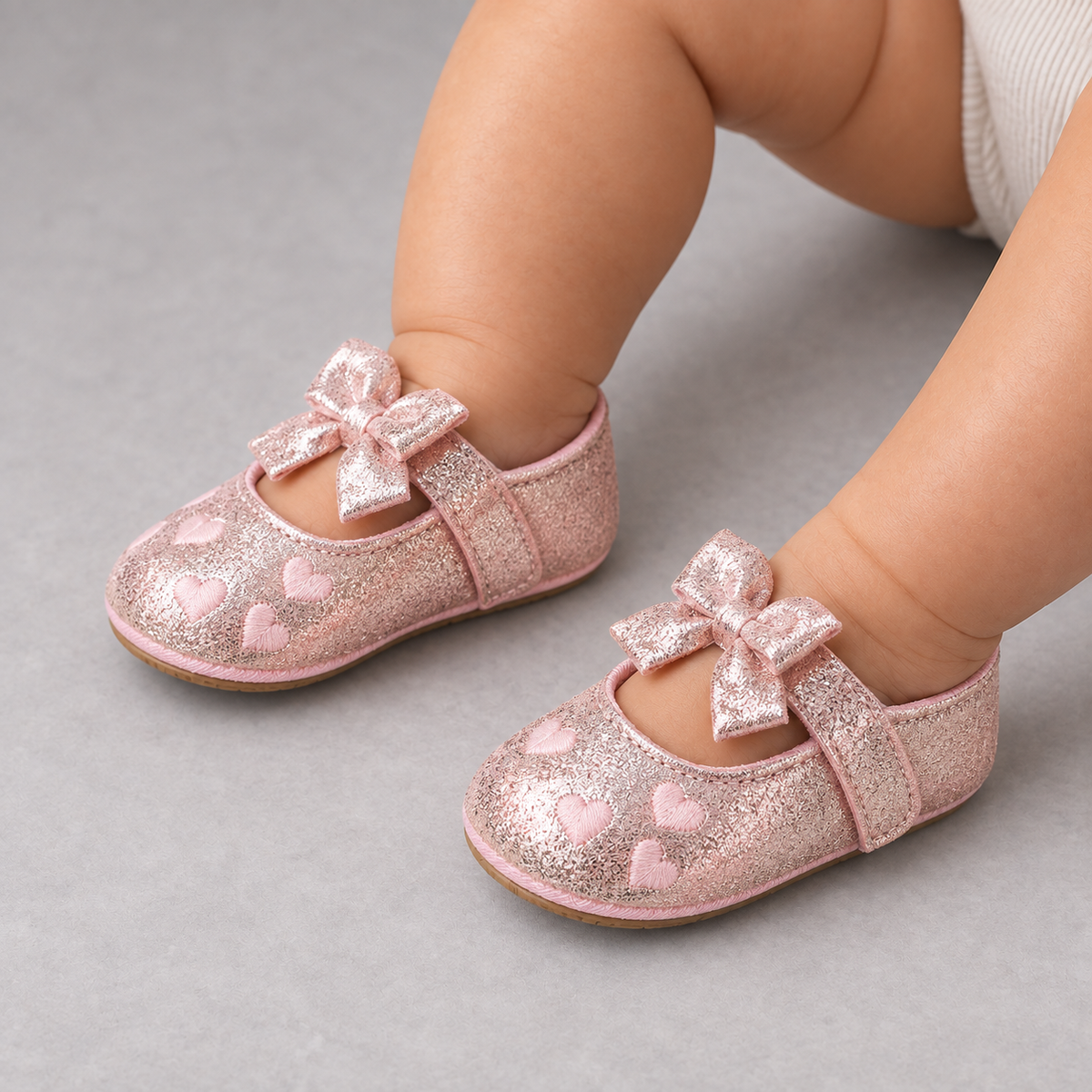 Baby wearing Pink Heart Bow Mary Jane Shoes - premium studio photo of soft sole baby shoes