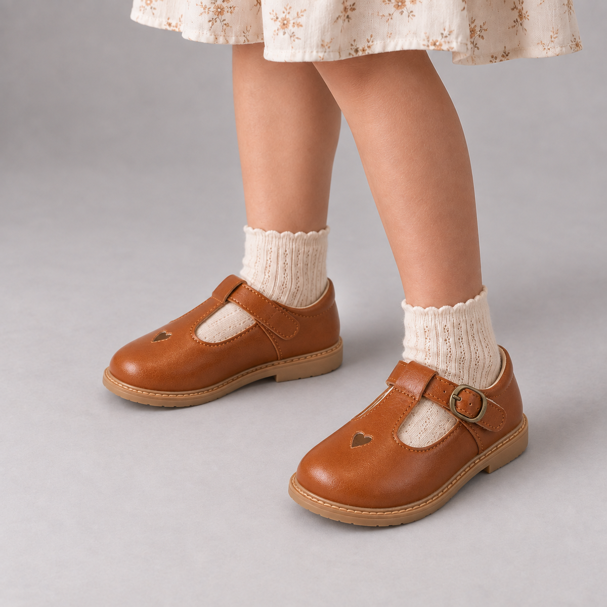 Girl wearing Brown Kids School Ballet Flats with cream socks in premium studio photo