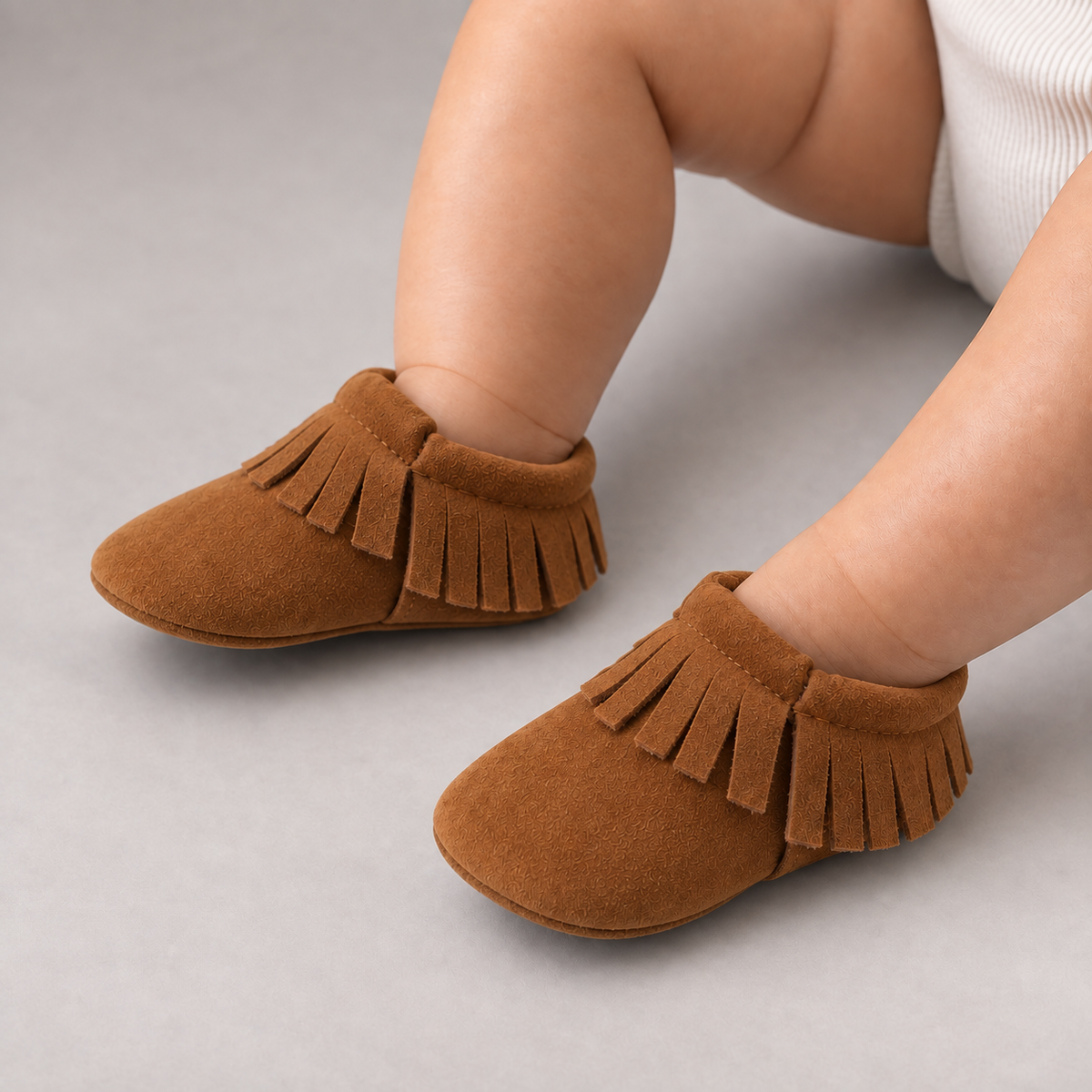 Baby Bow Comfort Non Slip Ballet Flats worn by baby, close-up studio photo with soft fringe detail