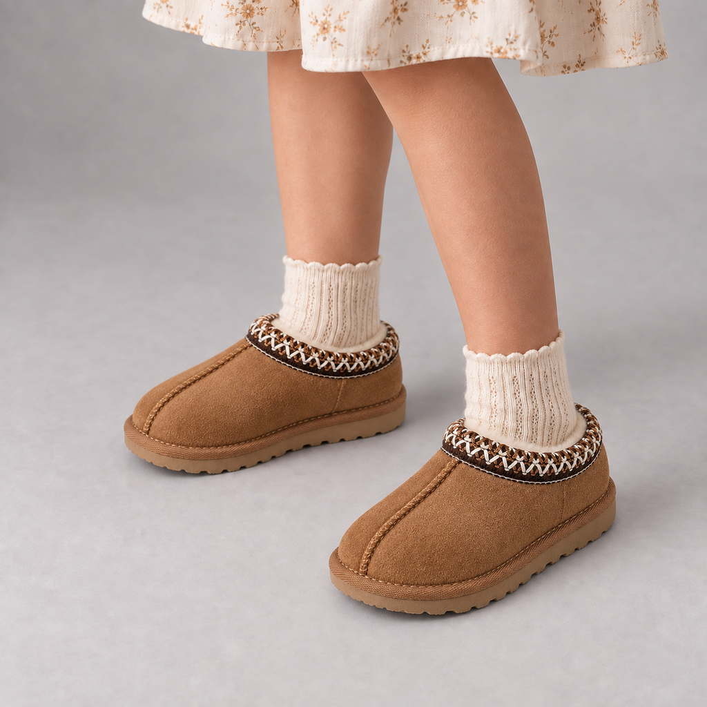 Brown kids cosy moccasin slippers worn with cream socks