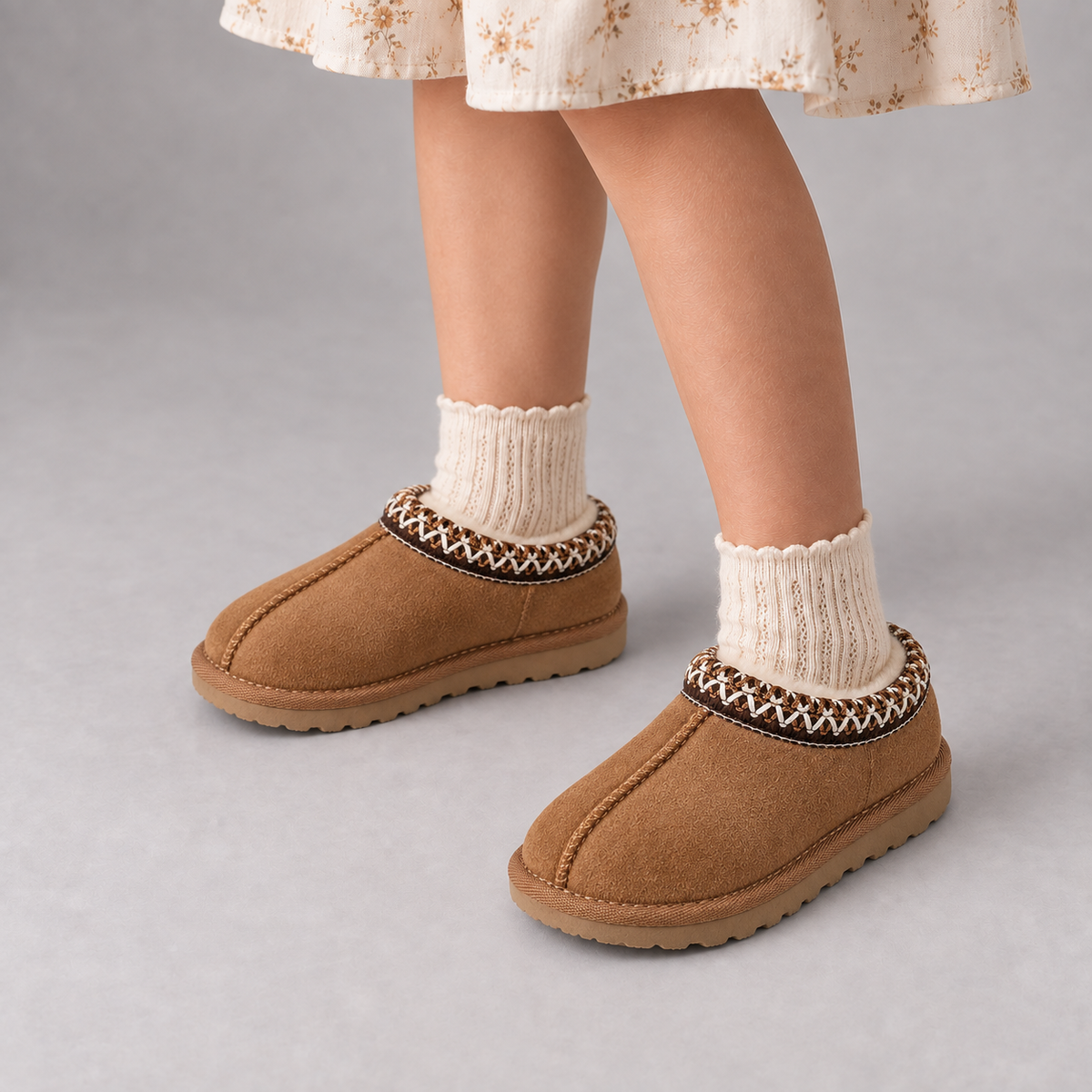 Brown kids cosy moccasin slippers worn with cream socks