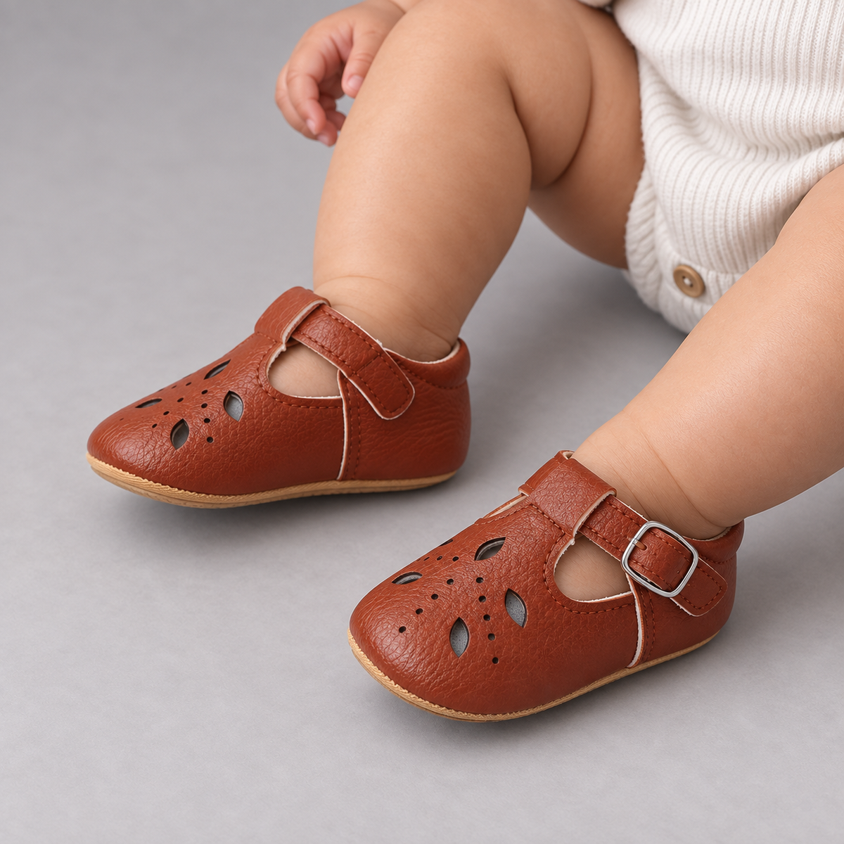 Baby Cut Out Mary Jane Shoes Brown worn seated baby photo - Brown baby cut out Mary Jane shoes worn by a baby in a soft studio setting, highlighting the buckle strap and perforated upper.