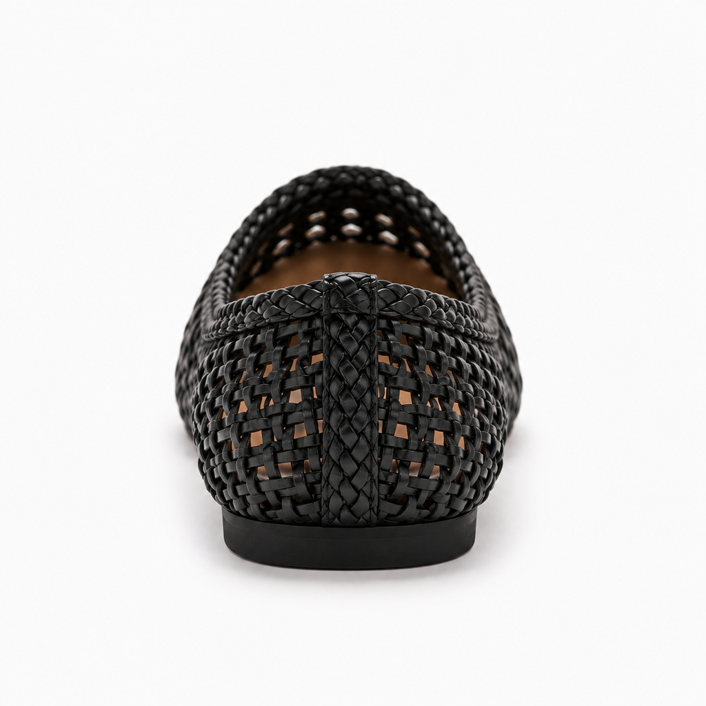 Single Black Woven Mesh Ballet Flat rear view - premium breathable braided womens flat shoe with low heel