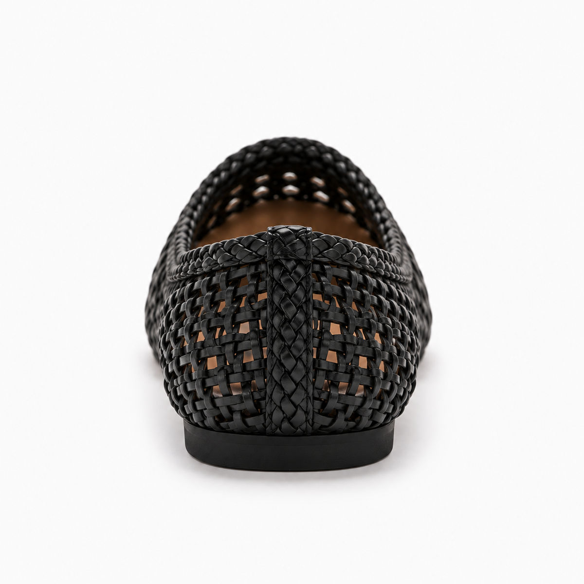 Single Black Woven Mesh Ballet Flat rear view - premium breathable braided womens flat shoe with low heel