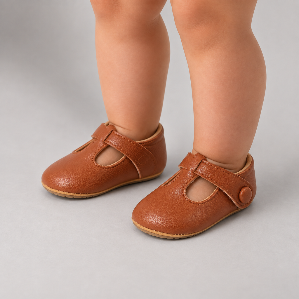 Brown baby bow leather princess ballet flats on baby feet, premium studio product photo