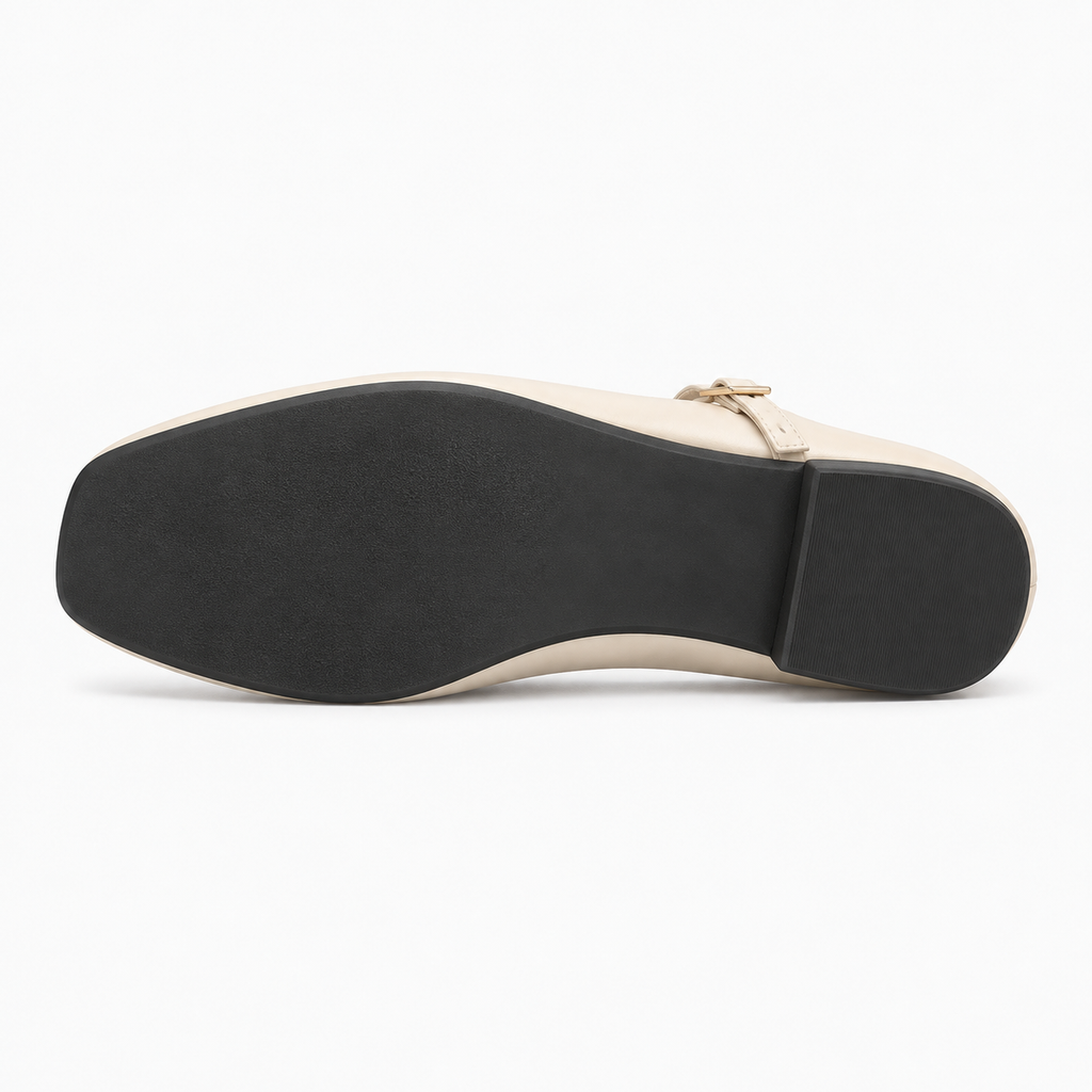 Beige square toe ballet flats - outsole view. Clean outsole detail image of beige square toe ballet flats, showing the slim black sole and low heel construction.