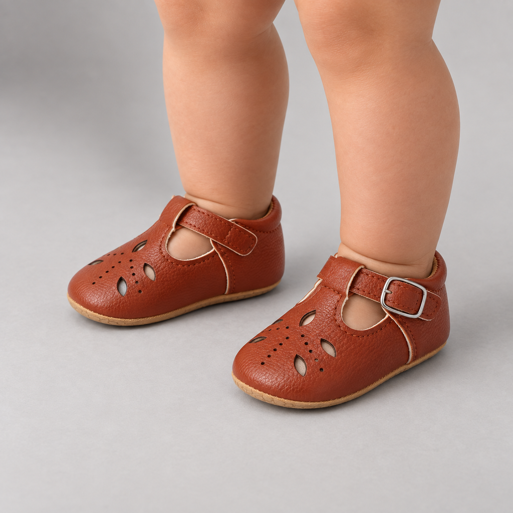 Baby Cut Out Mary Jane Shoes Brown worn standing baby photo - Brown baby cut out Mary Jane shoes styled on a standing baby with rounded toe, cut out details and flexible sole.