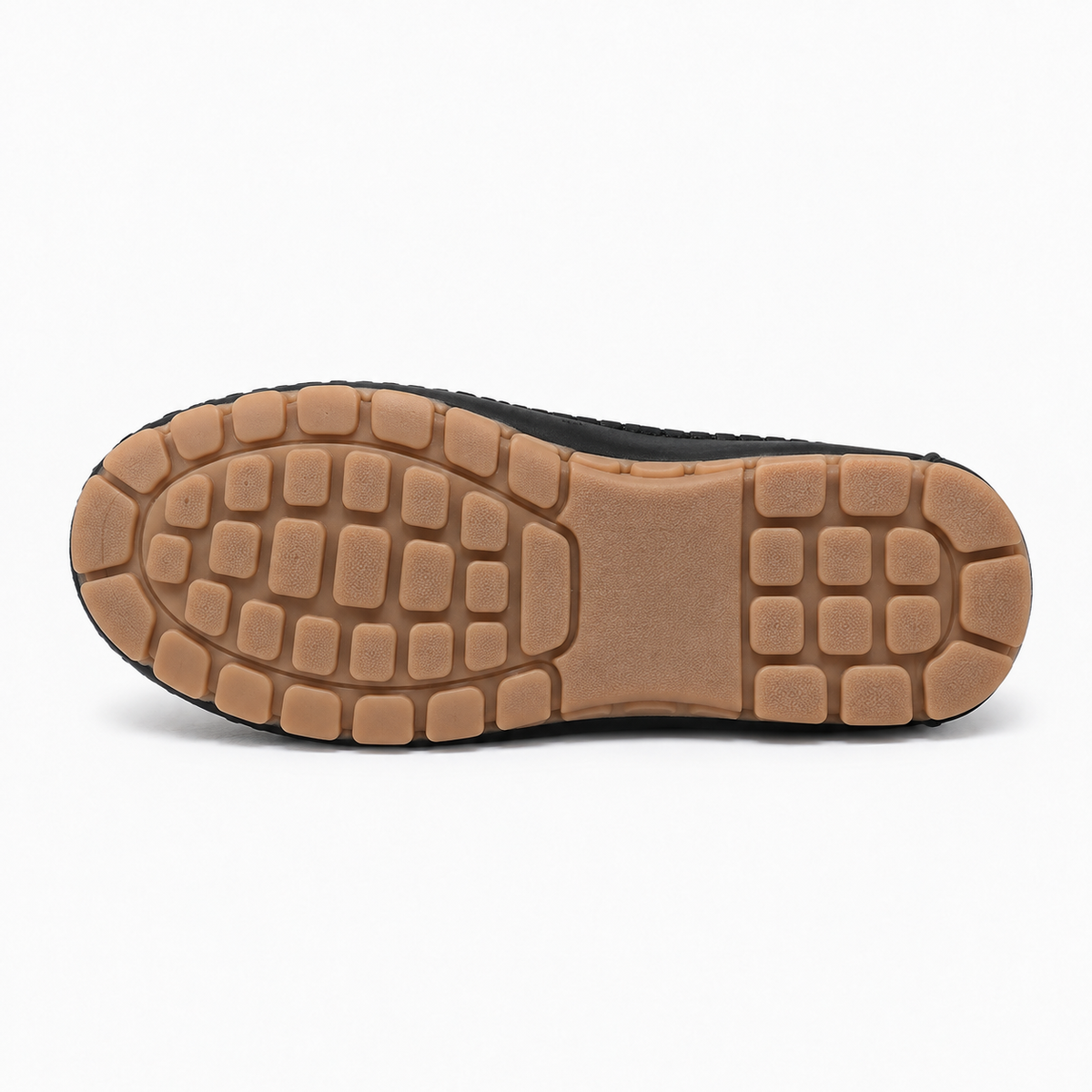 Black womens soft round toe comfort loafers outsole view, flexible tan grip sole for everyday comfort