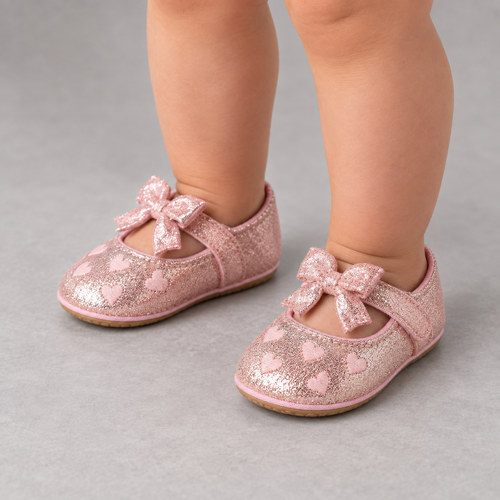 Pink Heart Bow Mary Jane Shoes worn by baby - glitter bow baby shoes for first steps