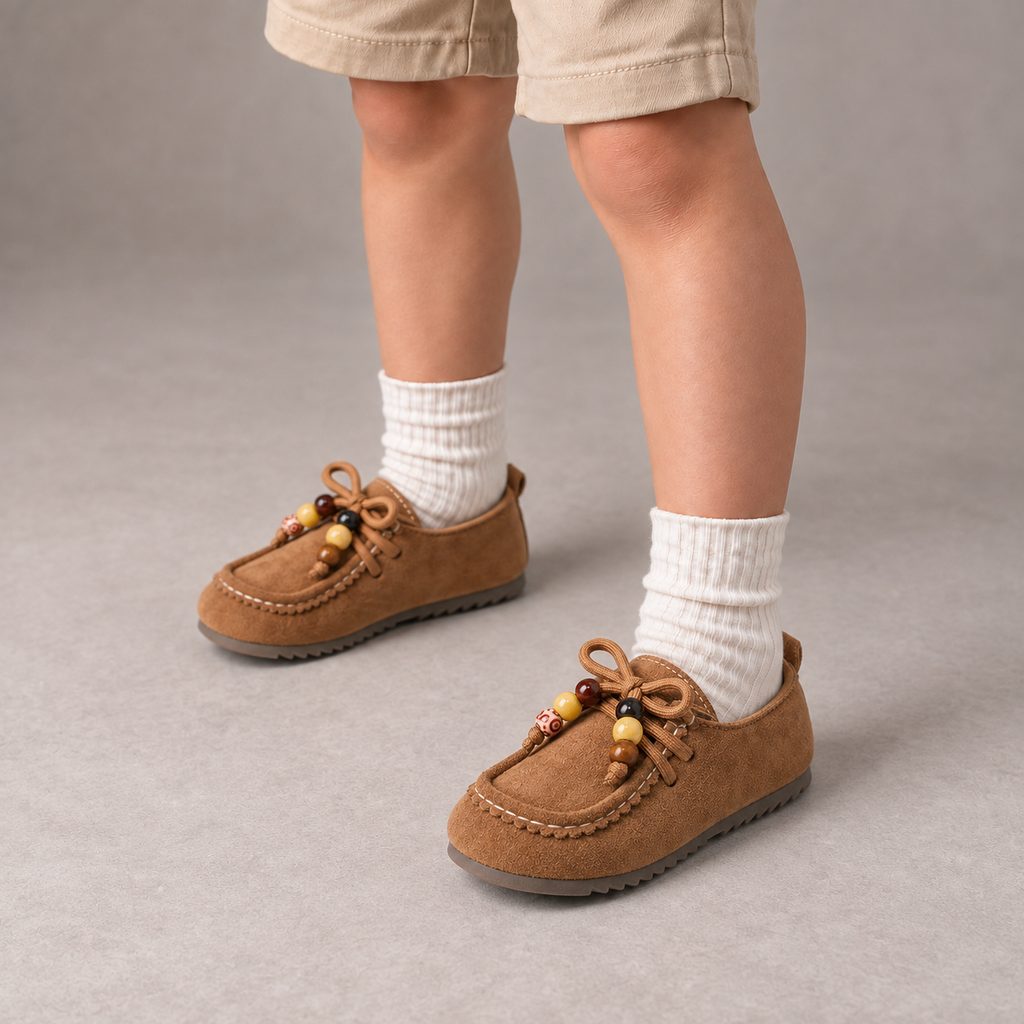 Boy wearing Kids Soft Sole Retro Loafers Brown - comfortable kids loafer studio lifestyle photo