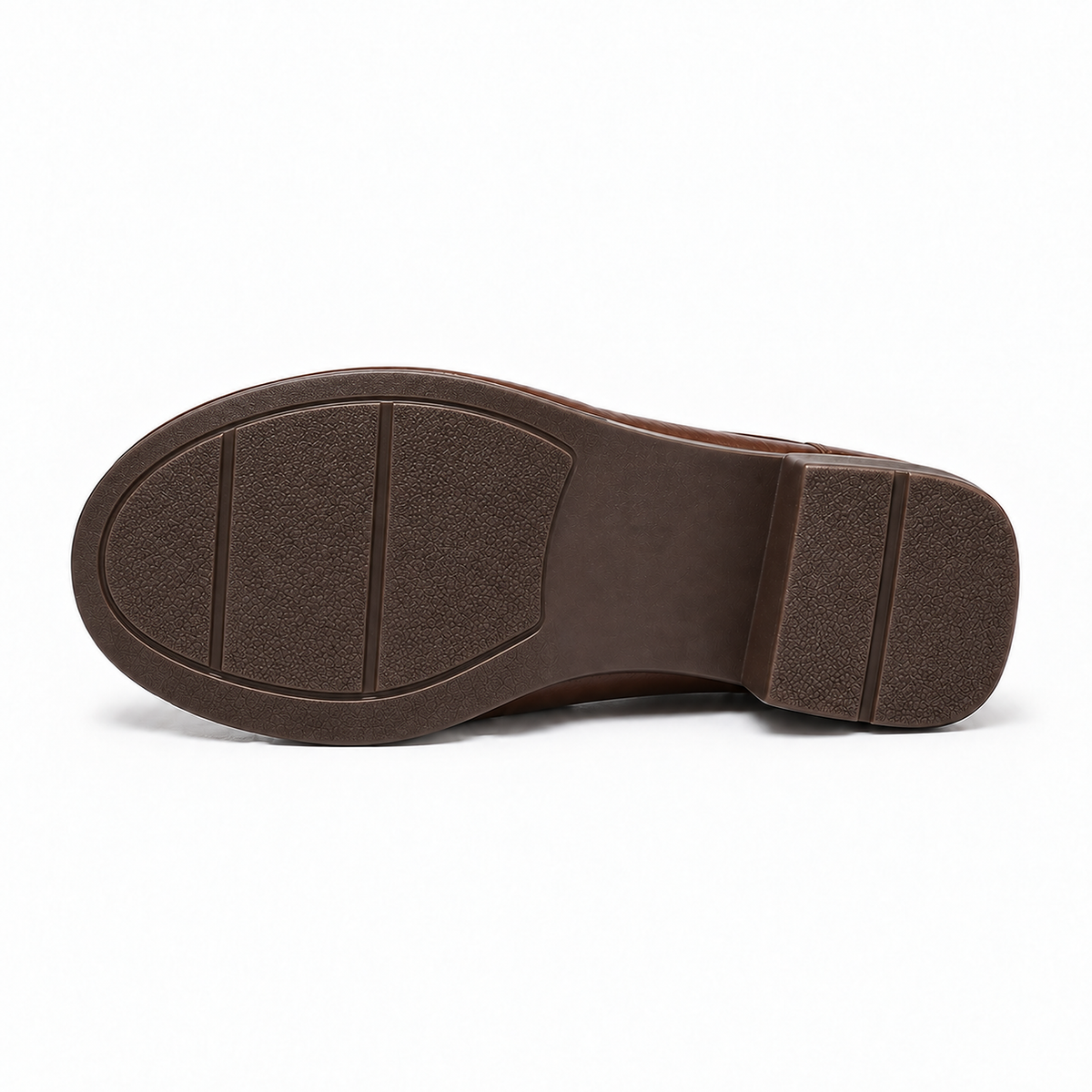 Brown Womens Leather Chunky Loafers sole view, low smooth dark brown outsole with subtle grip pattern