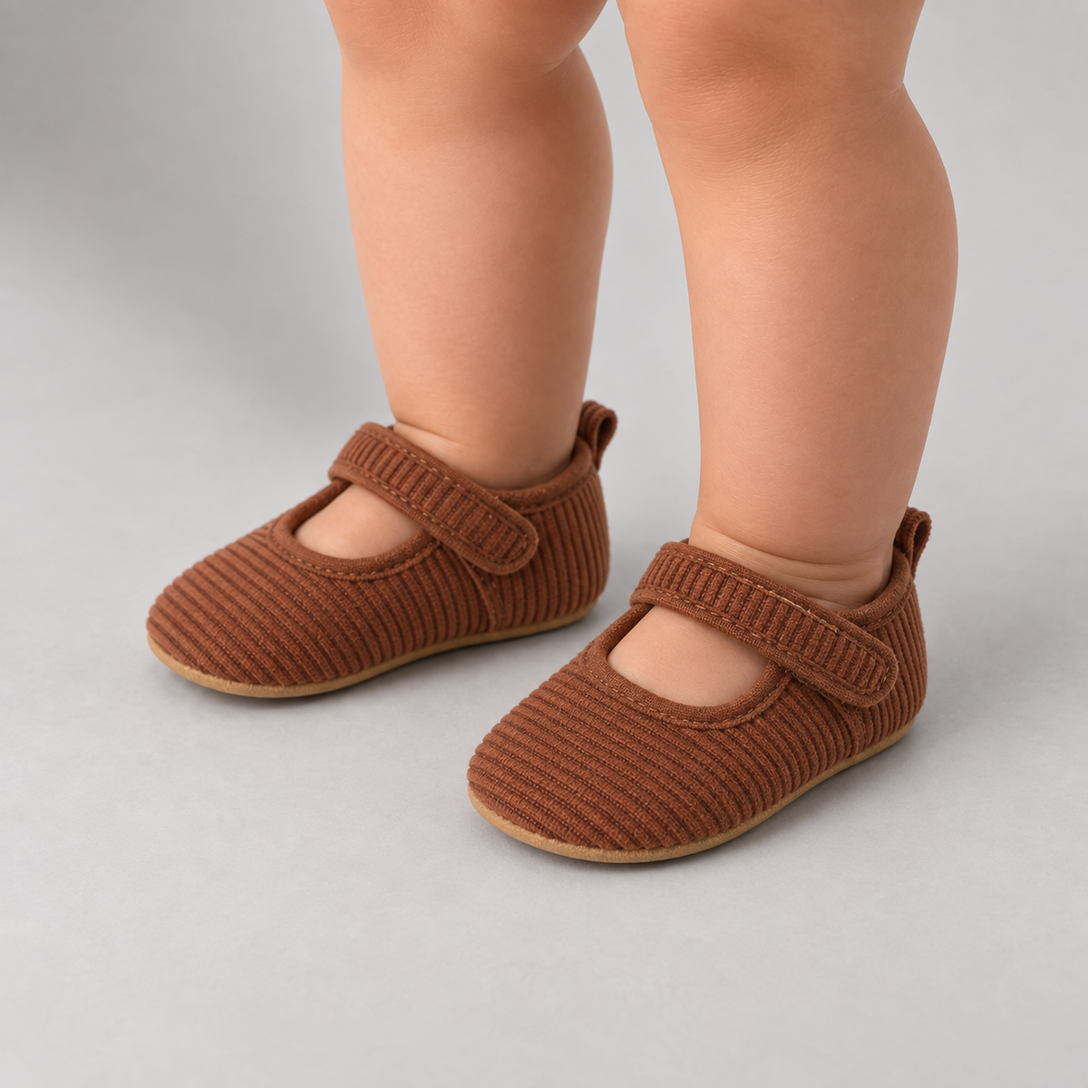 Baby wearing Brown Corduroy Mary Jane Shoes - premium ribbed baby footwear with flexible sole