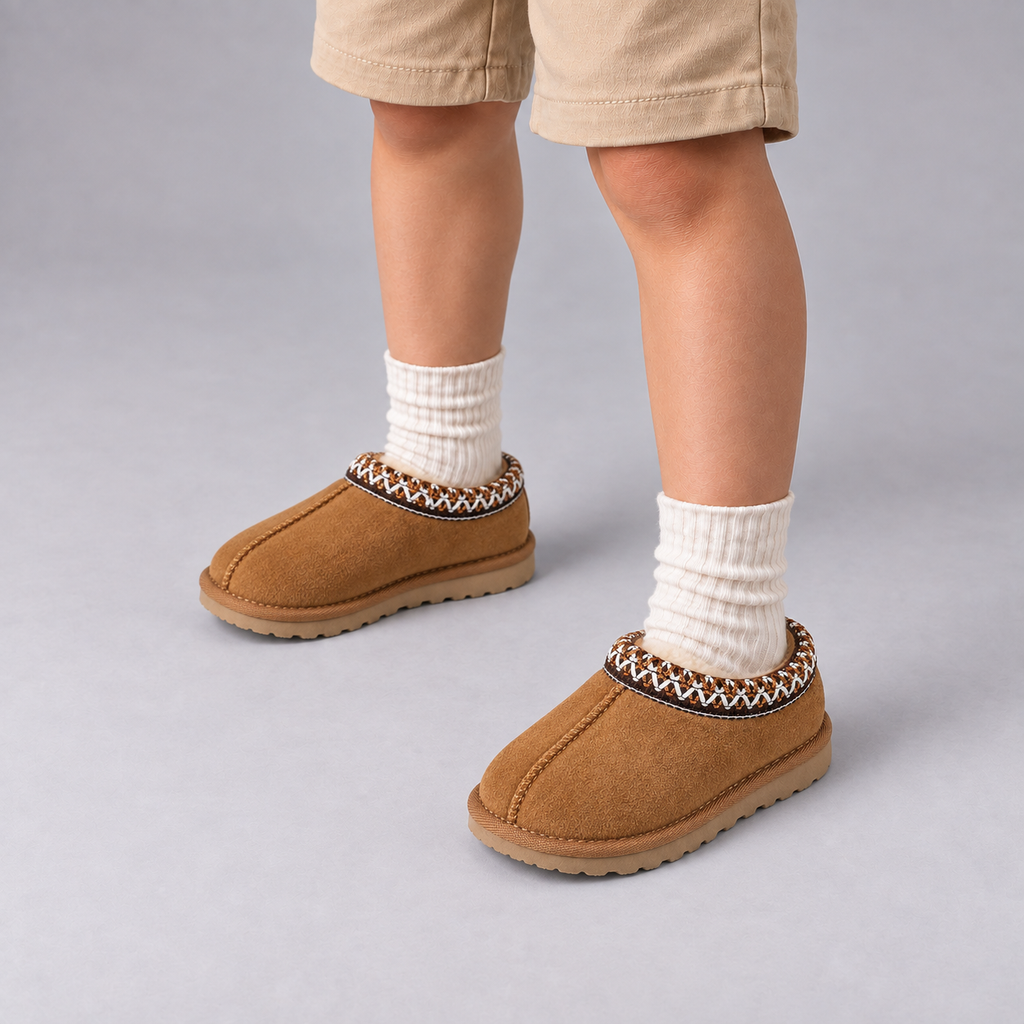 Brown kids moccasin slippers worn with neutral kids outfit