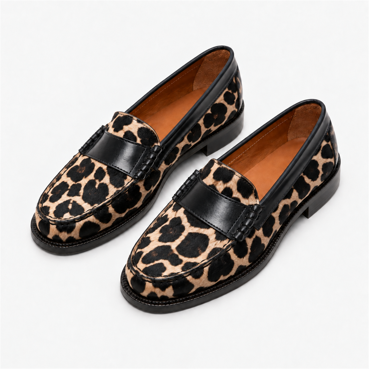 Womens Leopard Print Loafers pair view - leopard print loafers UK