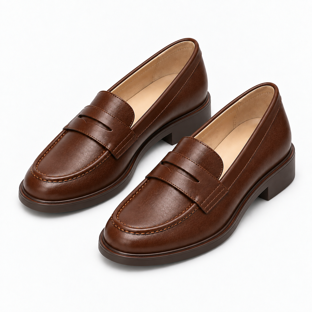 Brown Womens Leather Chunky Loafers angled pair, premium smooth leather penny loafers for women