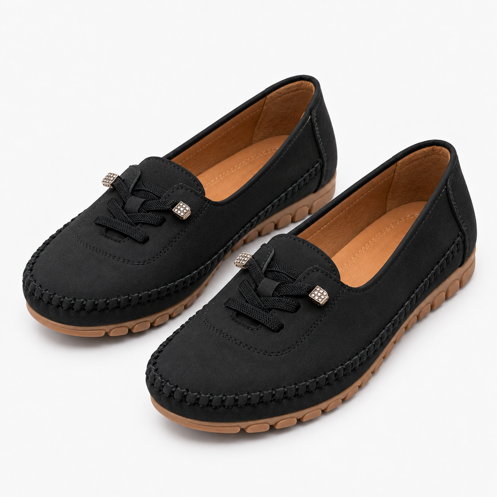Black womens soft round toe comfort loafers pair, premium catalog view with soft rounded toe and lace detail