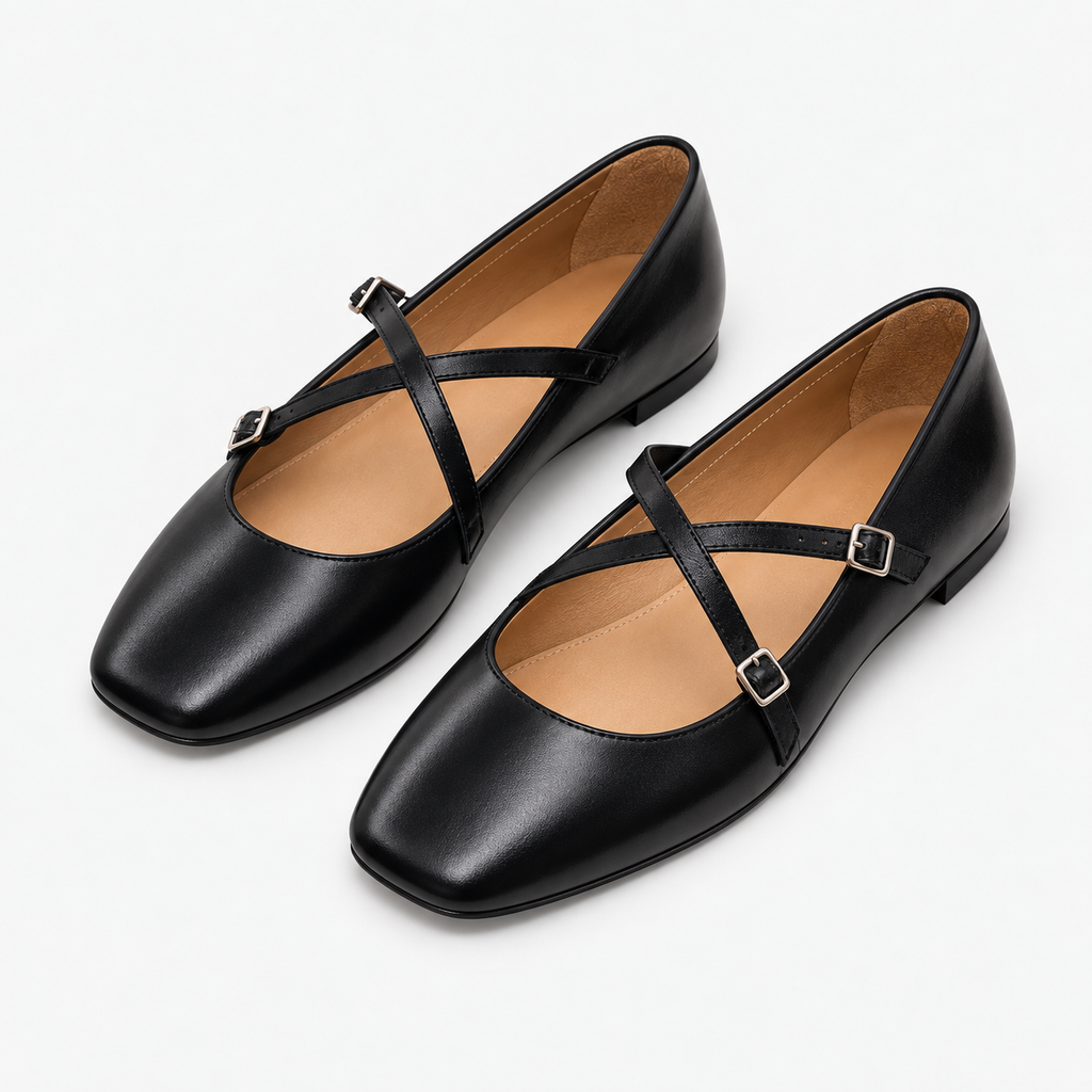 Womens Cross Strap Mary Jane Flats pair view - elegant womens flats UK