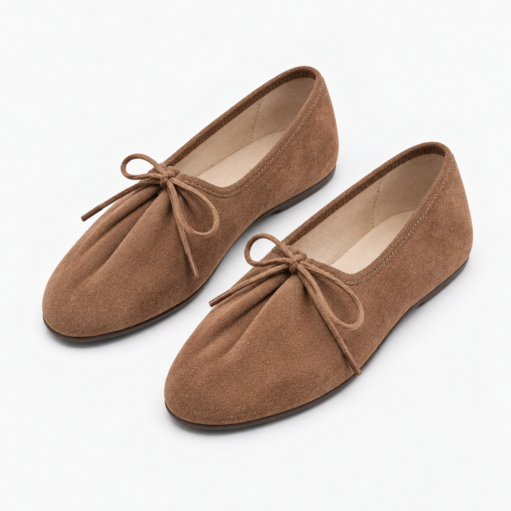 Brown suede lace up ballet flats pair view with bow lace detail and soft suede texture