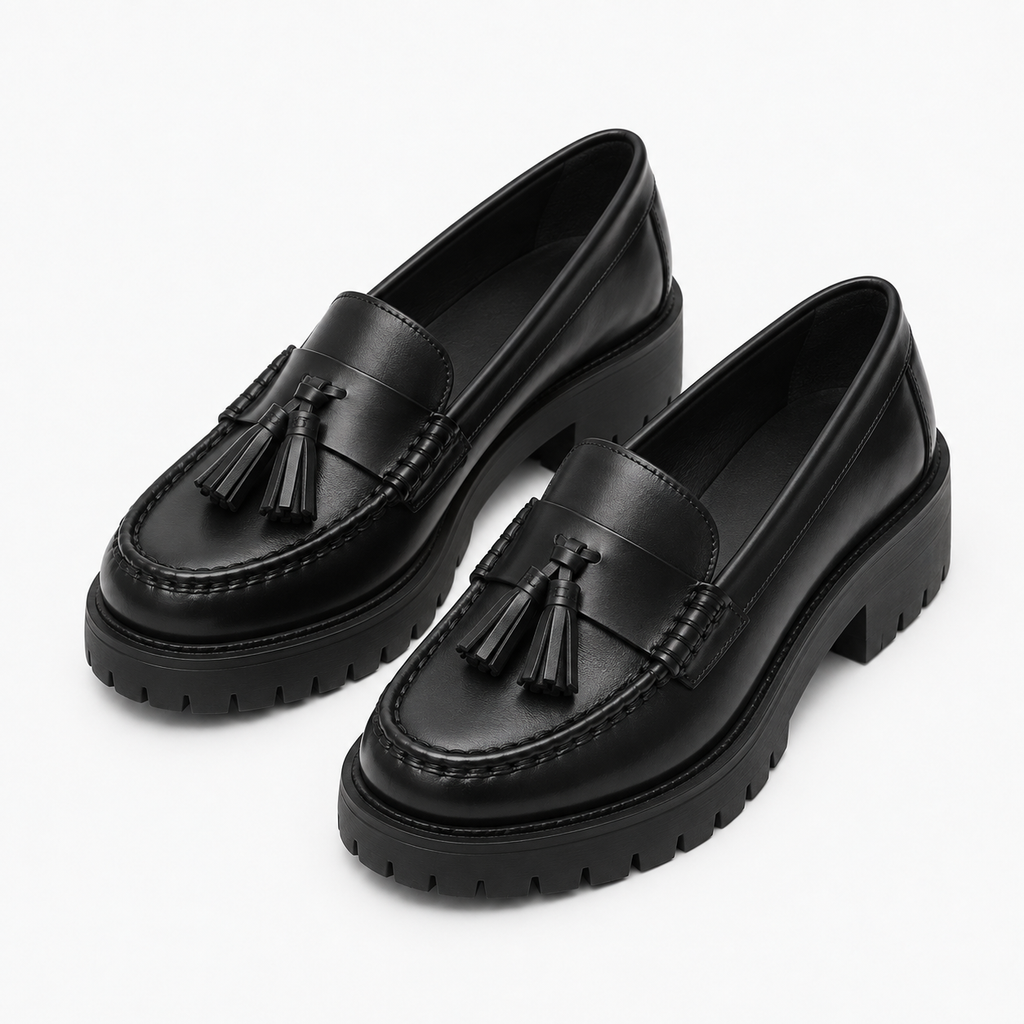 Womens Tassel Platform Black Loafers styling view - women's loafers UK