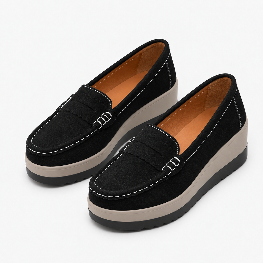 Womens Leather Round Toe Platform Loafers styling view - women's leather loafers UK