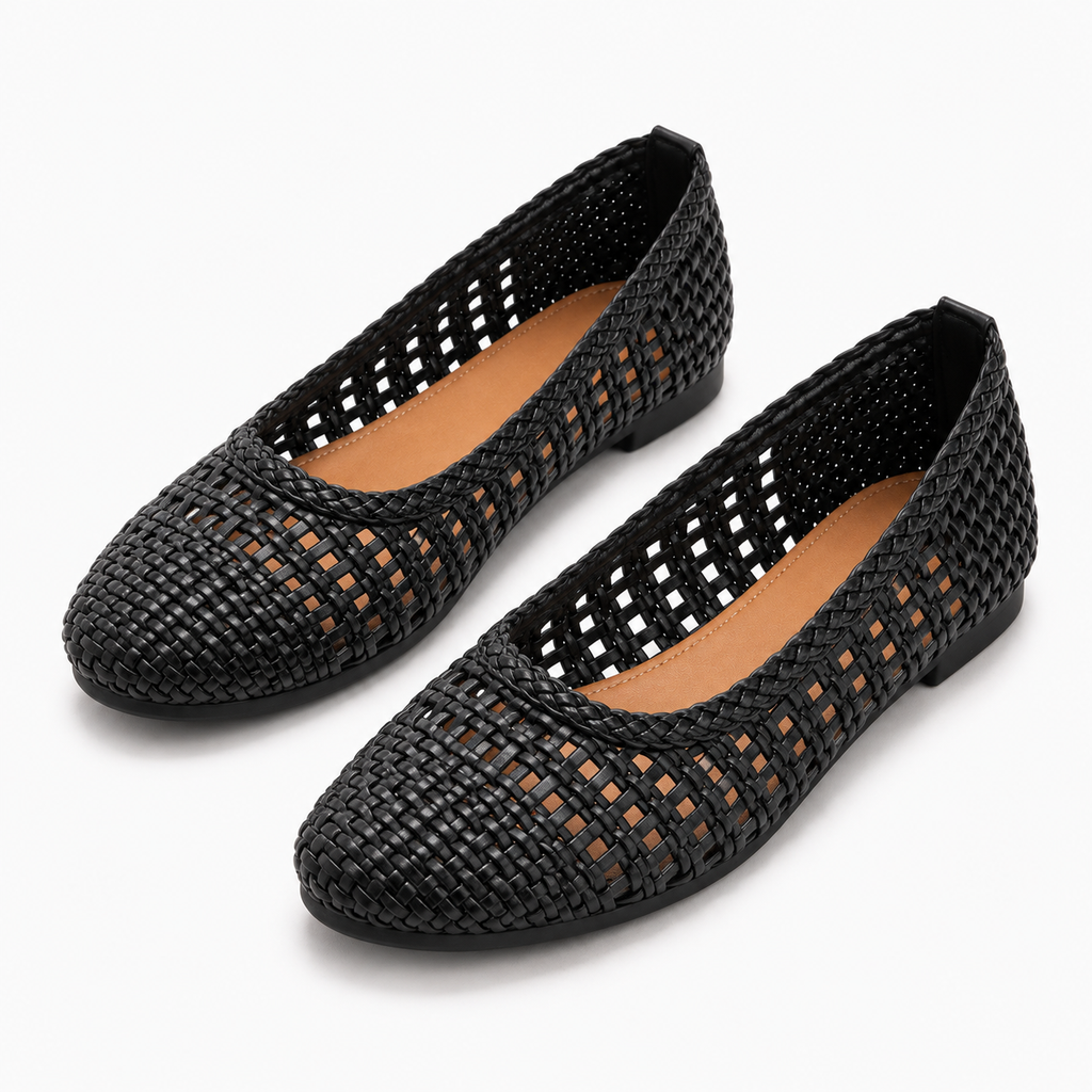 Womens Woven Mesh Ballet Flats pair - premium black braided mesh ballet flats