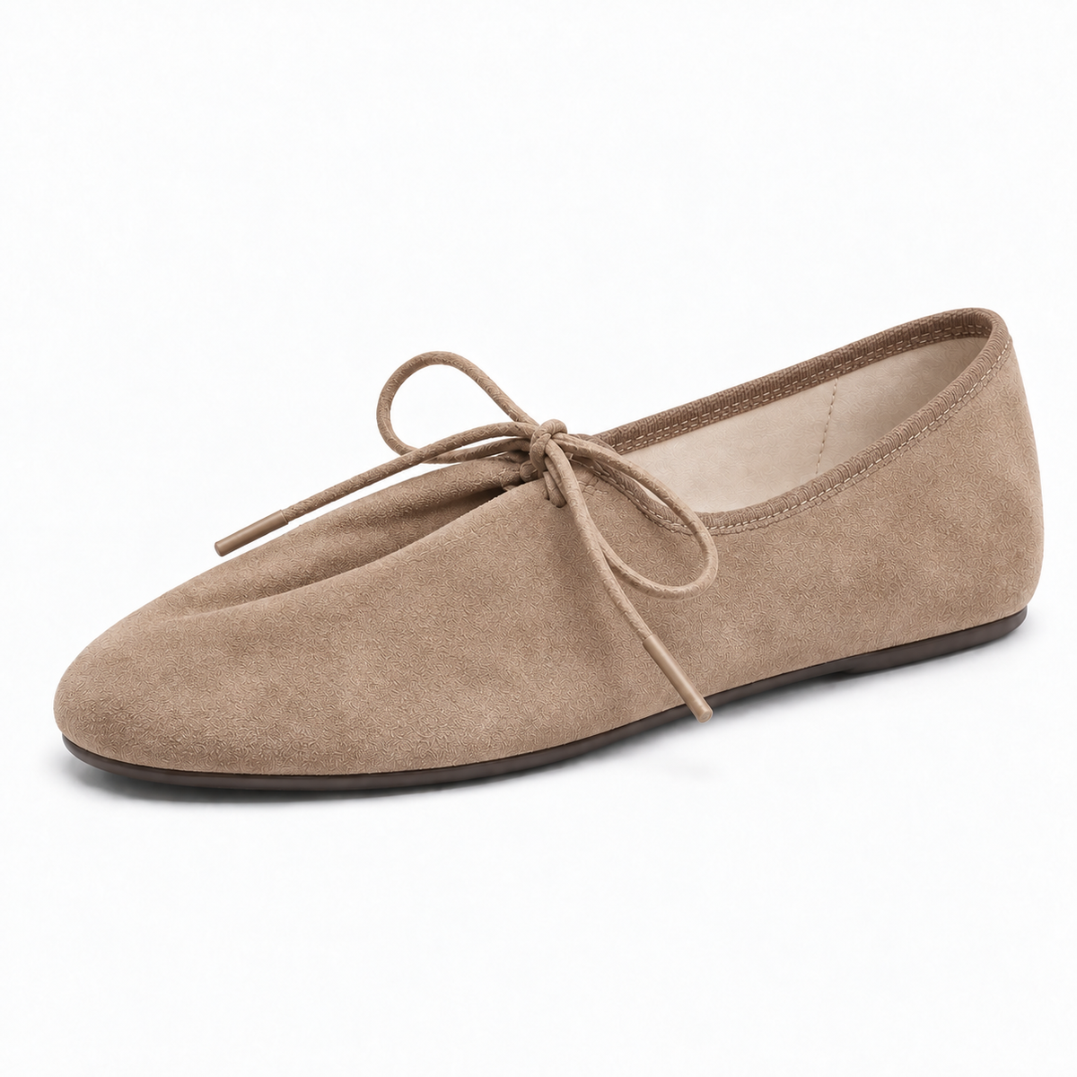 Taupe suede lace up ballet flats for women, close side view with lace bow and premium soft suede texture