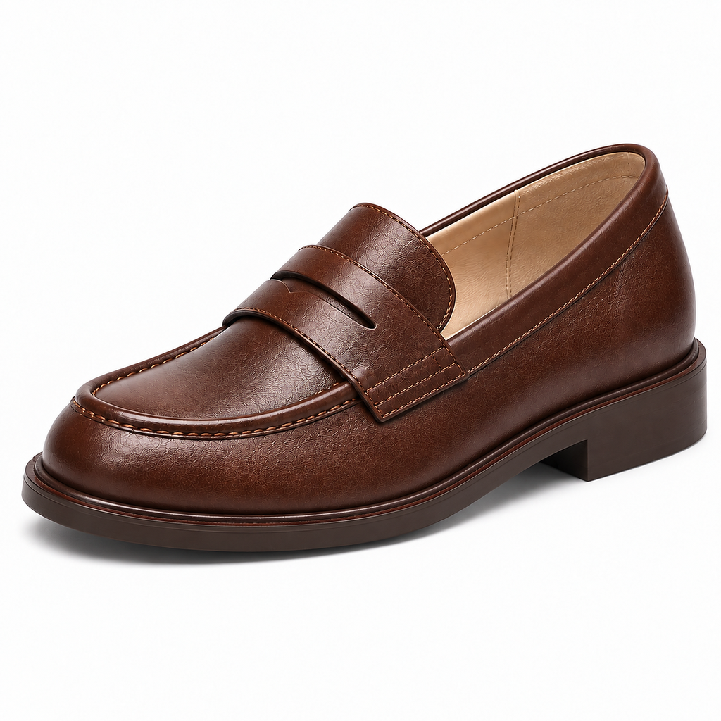 Brown Womens Leather Chunky Loafers close-up, rounded toe penny loafer with smooth low sole