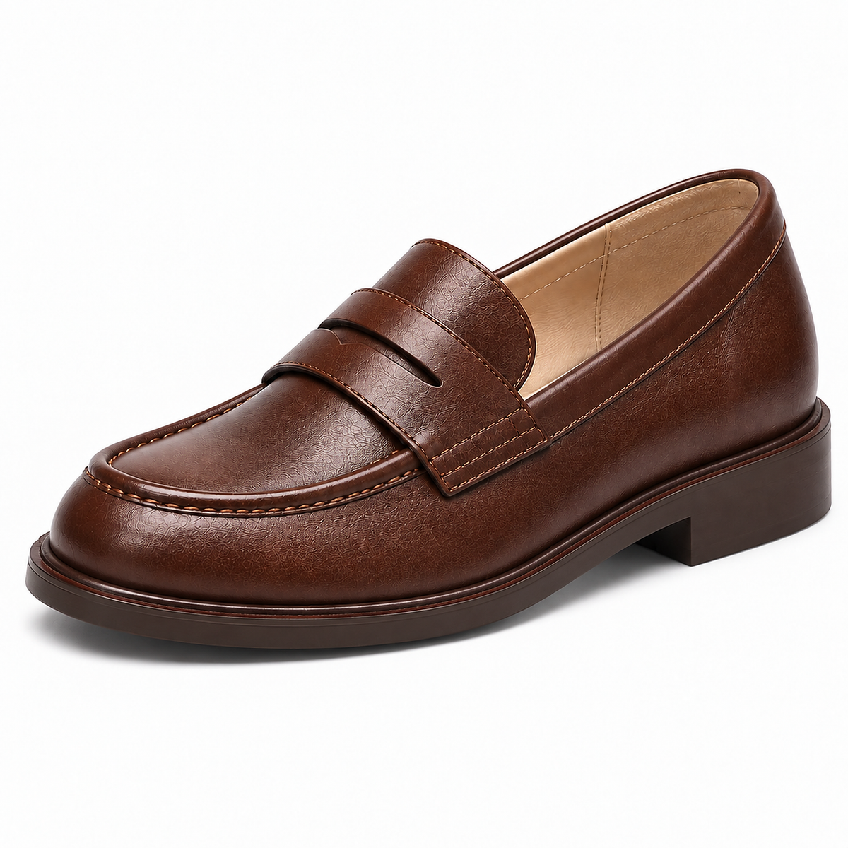 Brown Womens Leather Chunky Loafers close-up, rounded toe penny loafer with smooth low sole