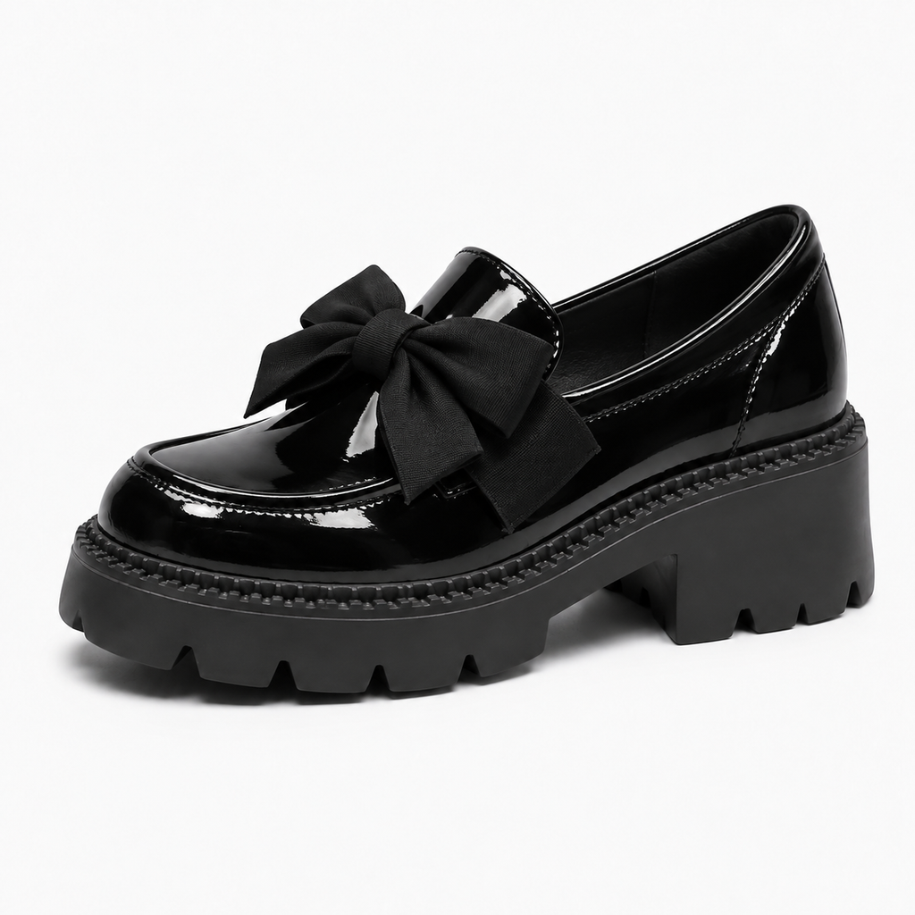 Womens Bow Platform Black Ballet Flats close-up view - women's ballet flats UK