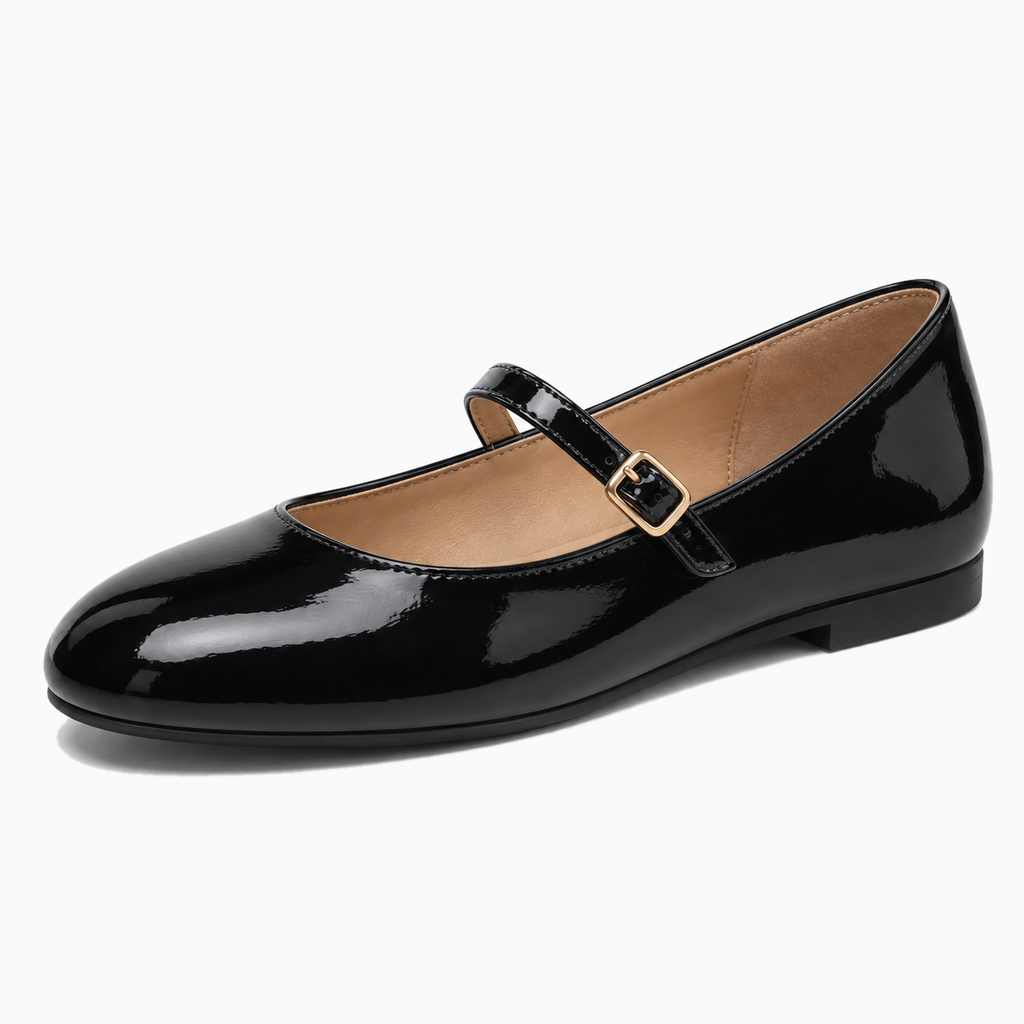 Womens Patent Mary Jane Flats close-up detail - buckle strap flats UK