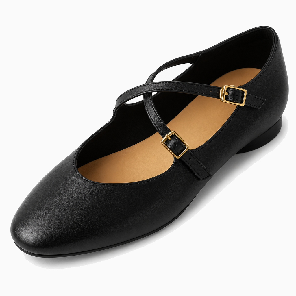 Womens Leather Cross Buckle Ballet Flats close-up view - women's ballet flats UK