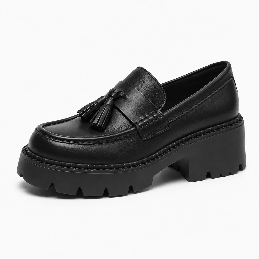 Womens Tassel Platform Black Loafers close-up view - women's loafers UK
