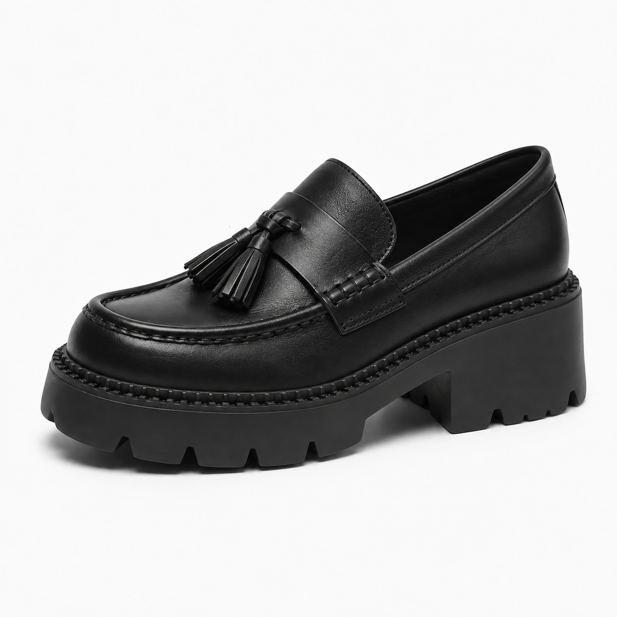 Womens Tassel Platform Black Loafers close-up view - women's loafers UK