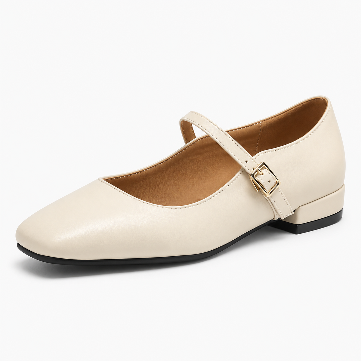 Beige square toe ballet flats - close side view. Close side product image of beige square toe ballet flats highlighting the smooth upper, slim strap, gold buckle and tan interior.