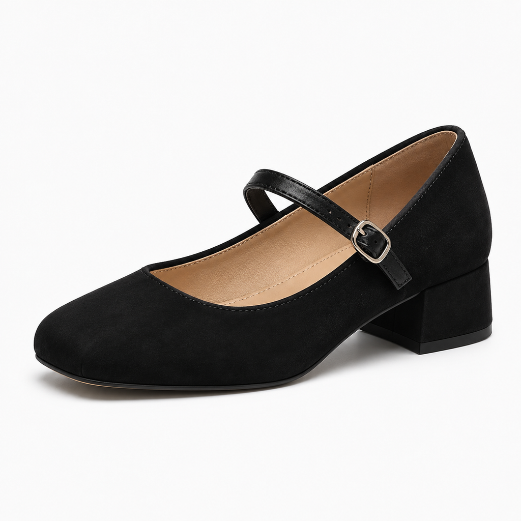 Womens Block Heel Mary Jane Flats close-up view - womens Mary Jane flats UK