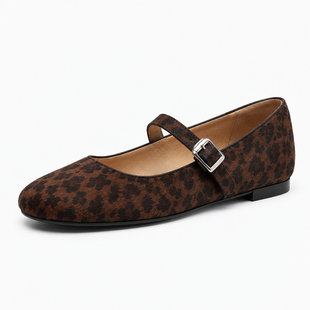 Womens Animal Print Mary Jane Flats close-up view - womens animal print flats UK