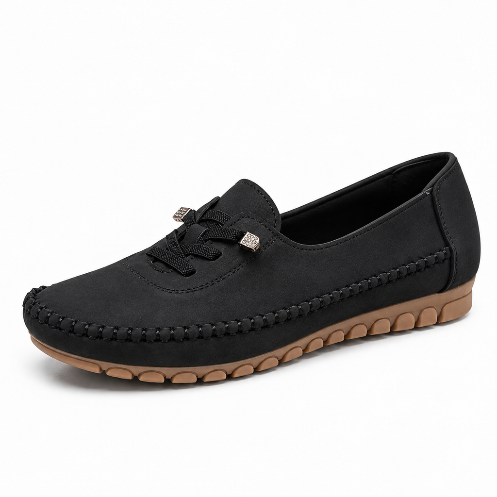 Black womens soft round toe comfort loafers three quarter view, lightweight slip-on style with flexible sole