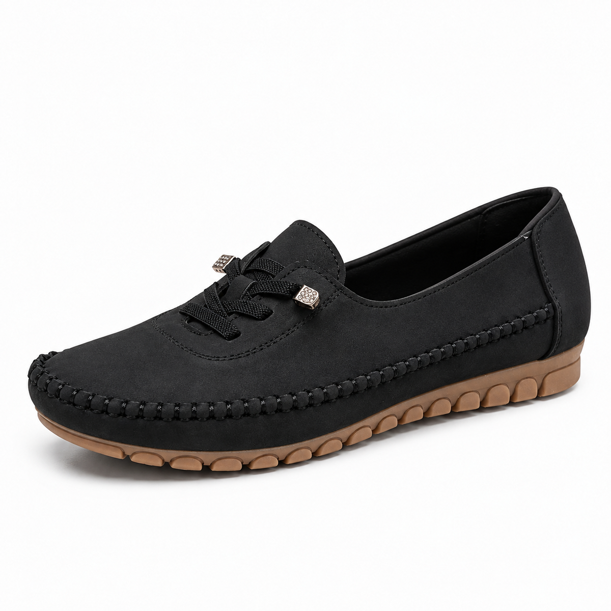 Black womens soft round toe comfort loafers three quarter view, lightweight slip-on style with flexible sole