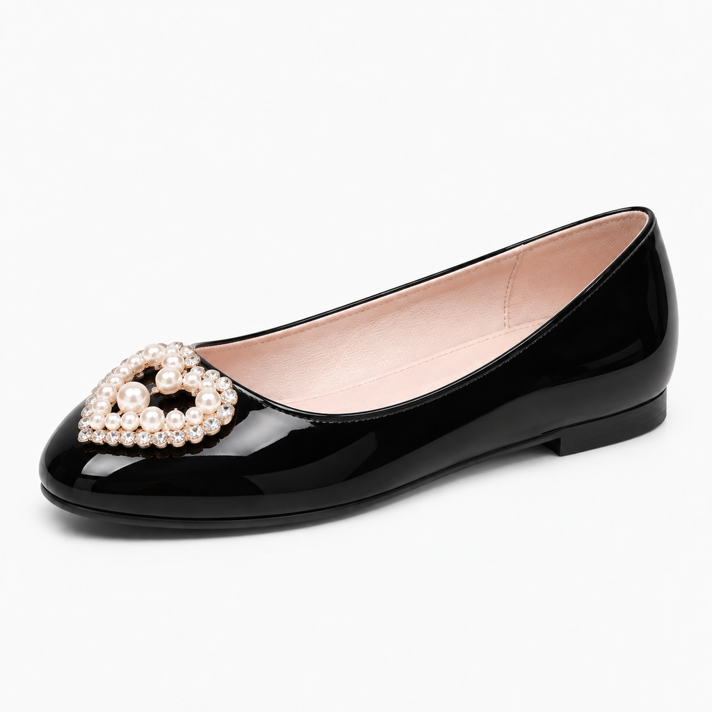 Womens Pearl Heart Ballet Flats close-up detail - pearl heart flats UK