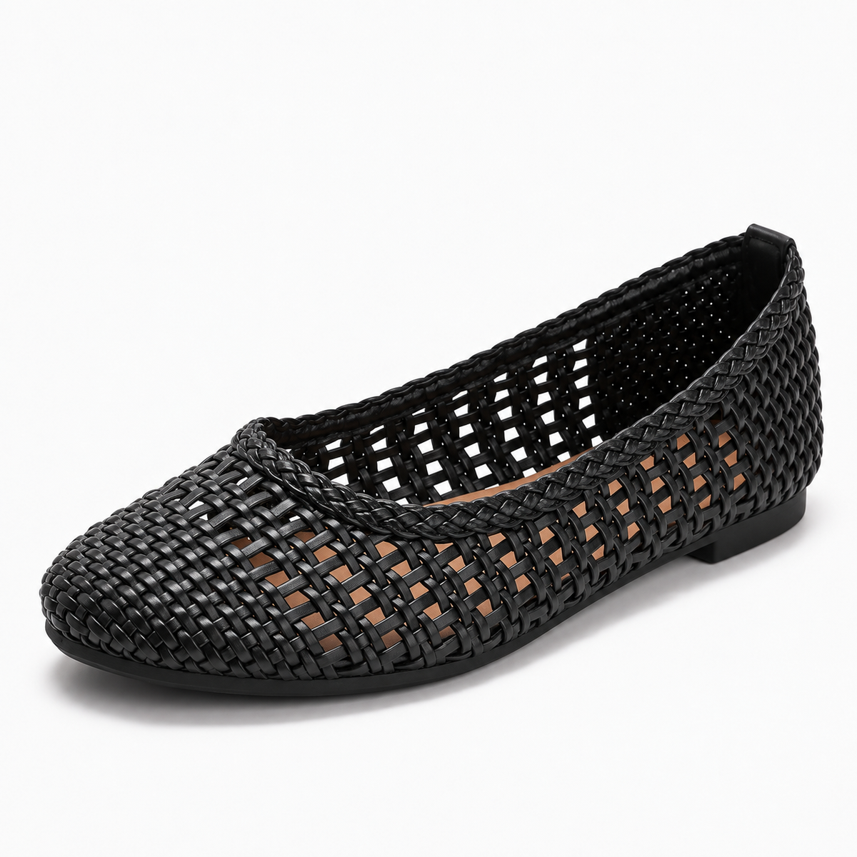 Womens Woven Mesh Ballet Flats angled product photo - black breathable woven flats