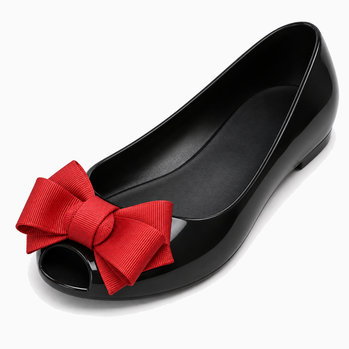 Womens Peep Toe Jelly Ballet Flats close-up detail - bow jelly flats UK
