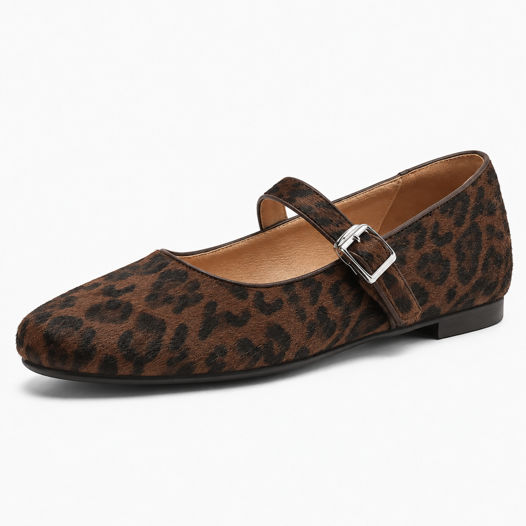 Brown leopard womens animal print flats close up with buckle detail