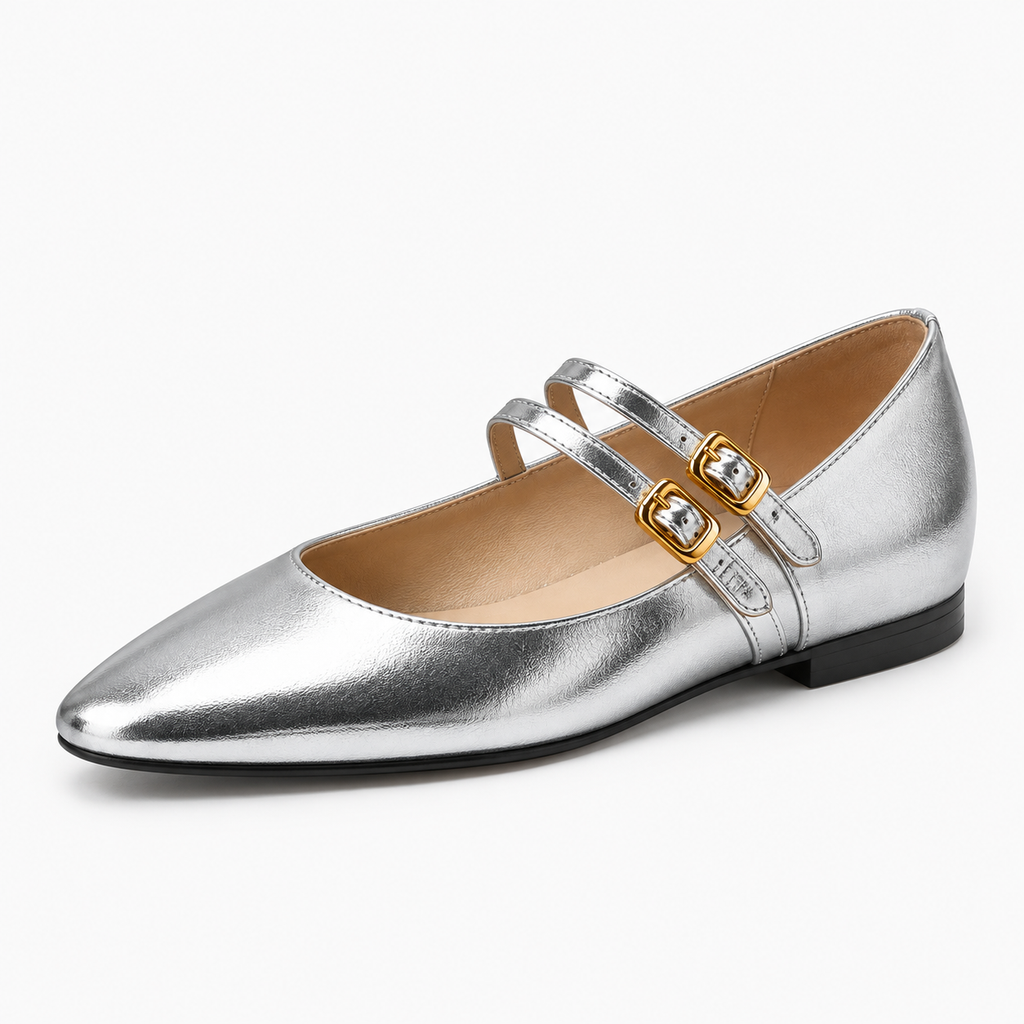 Womens Silver Leather Loafers pair view - silver loafers women UK