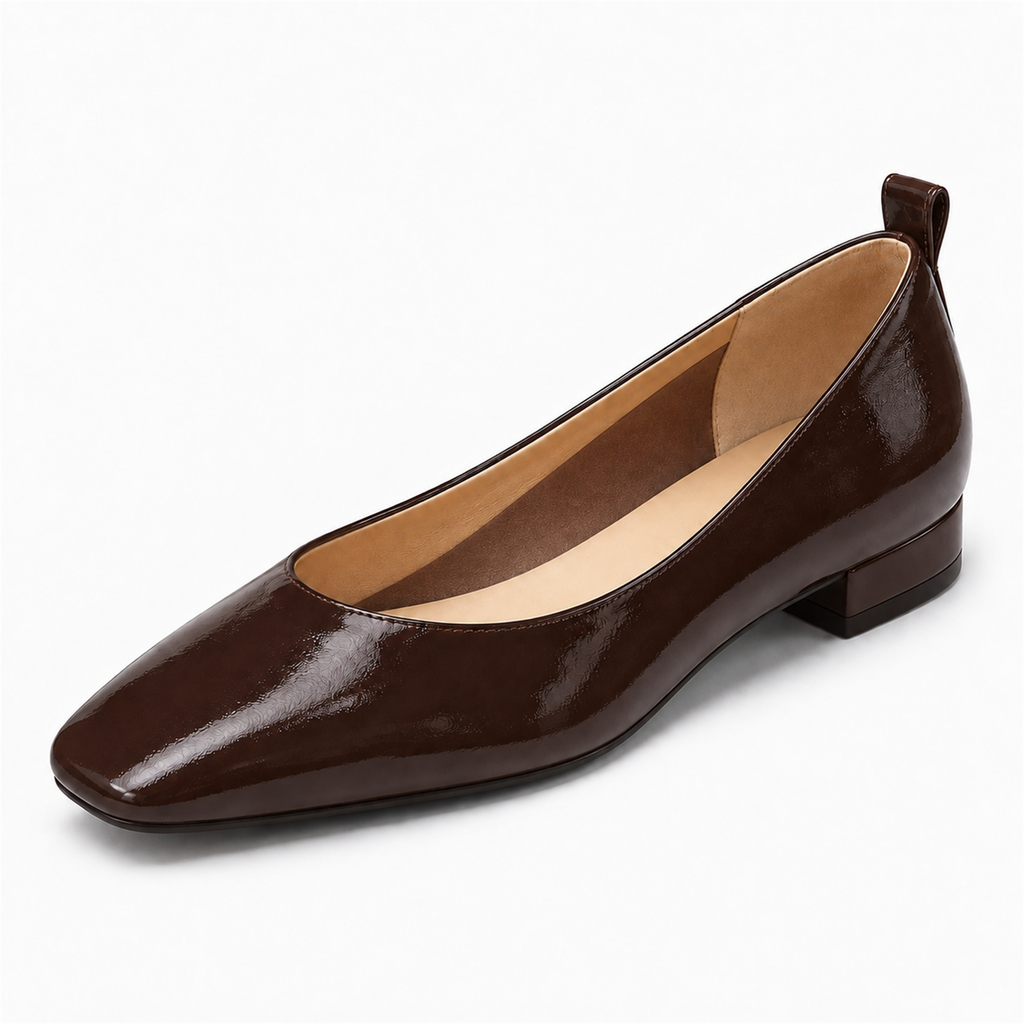 Womens brown patent leather square toe ballet flats close-up with beige interior