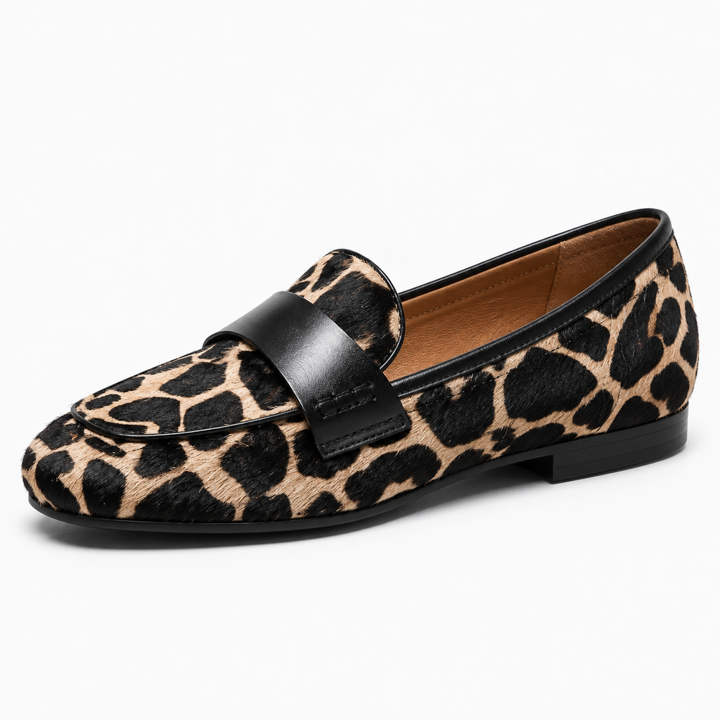 Womens Leopard Print Loafers close-up view - womens leopard loafers UK