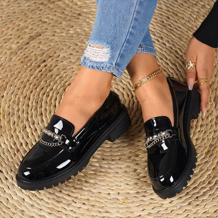 Women's Black Metal Chain Platform Loafers