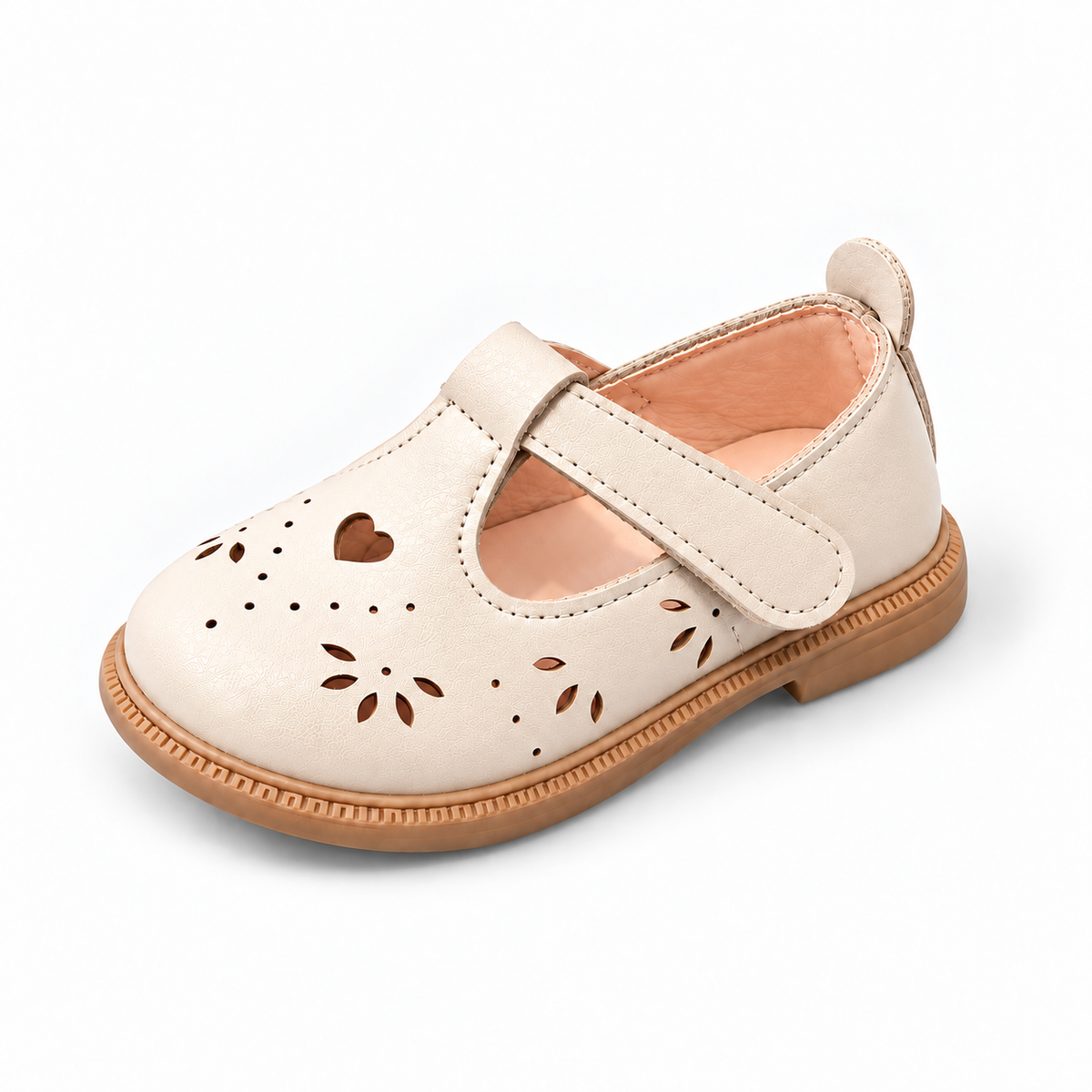 Beige baby leather ballet flats with heart cutouts and soft strap - toddler shoes