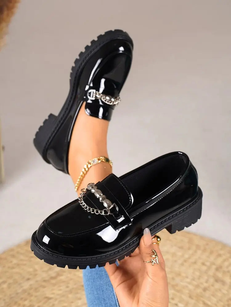 Women's Black Metal Chain Platform Loafers